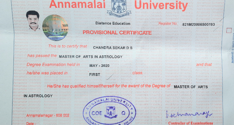 Astro Chandrasekar B.Tech., MBA., MA - Astrology., Dip. Vastu., (PhD - Astrology)